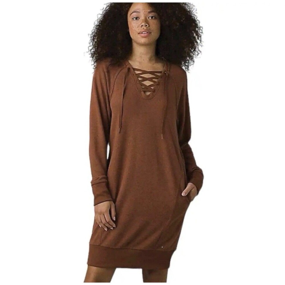 Prana Cozy Up Terry Dress in Roux Heather brown XS loungewear‎ lace up knit Hemp